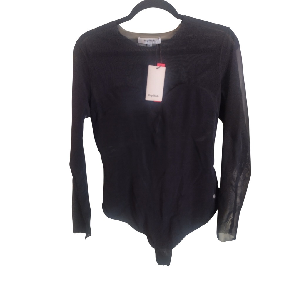 Popilush Black Mesh Long Sleeve Bodysuit Sweetheart Neck XL NWT